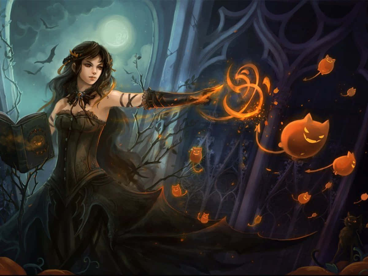 Beautiful Halloween Witch In Black Dress Background