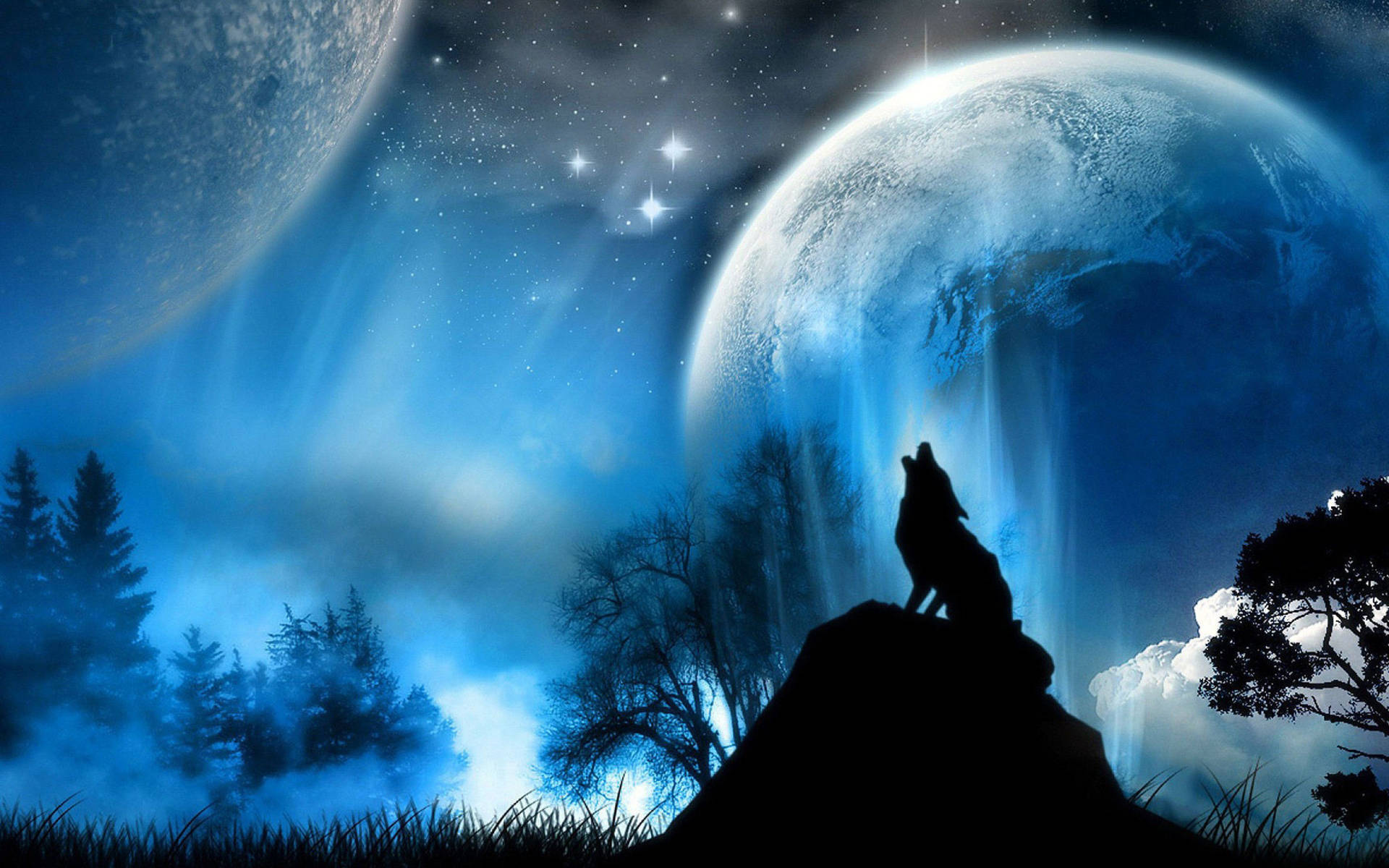 Beautiful Hd Tablet Wolf And Planets Background