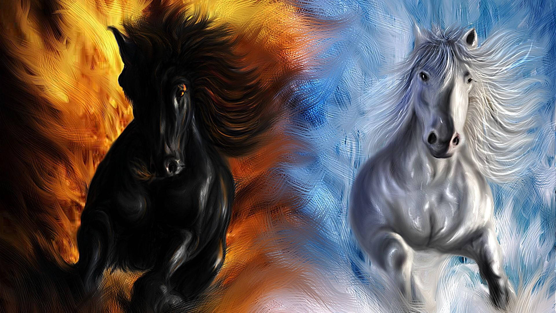 Beautiful Horses Red And Blue Background