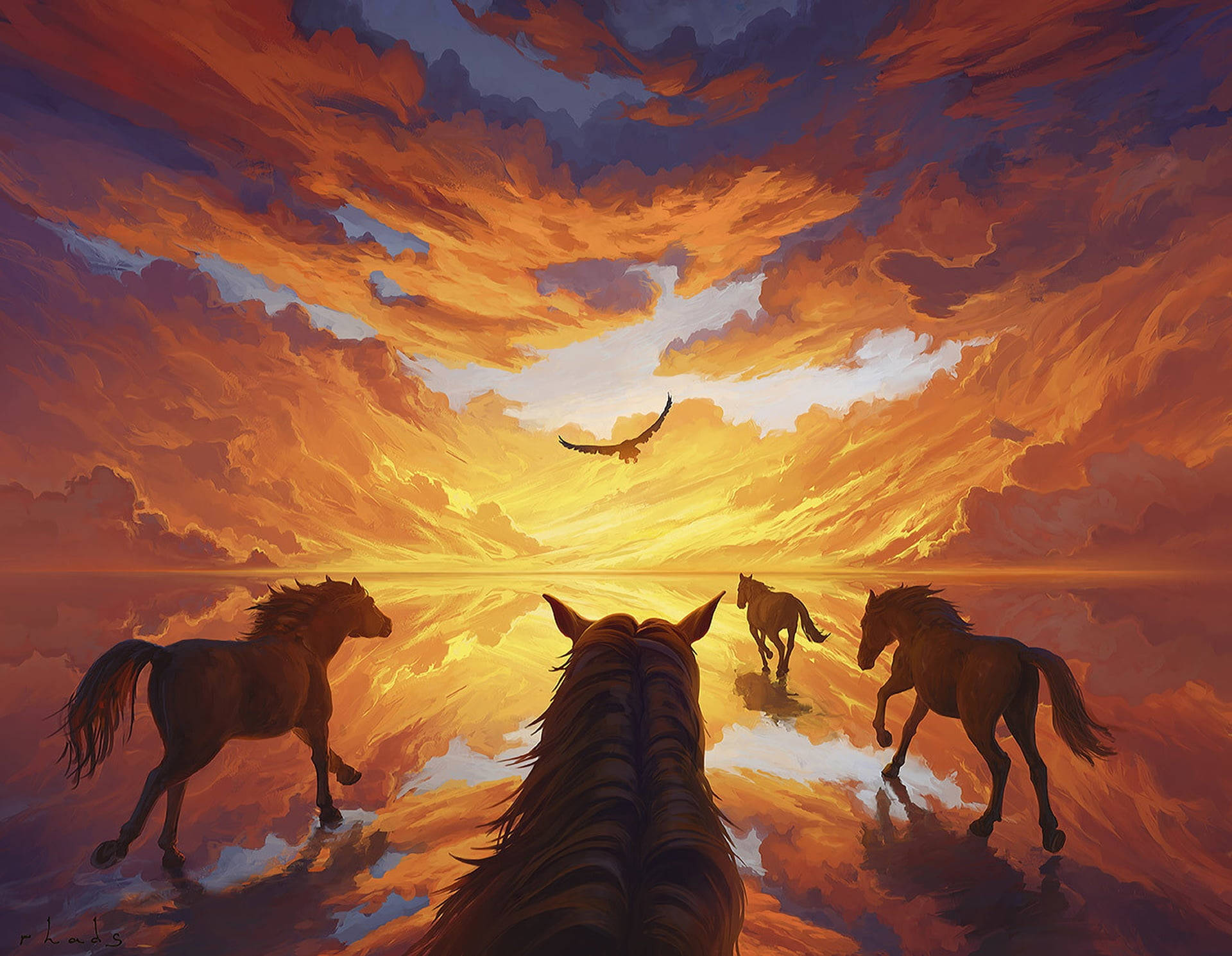 Beautiful Horses Running Towards The Sunset Background