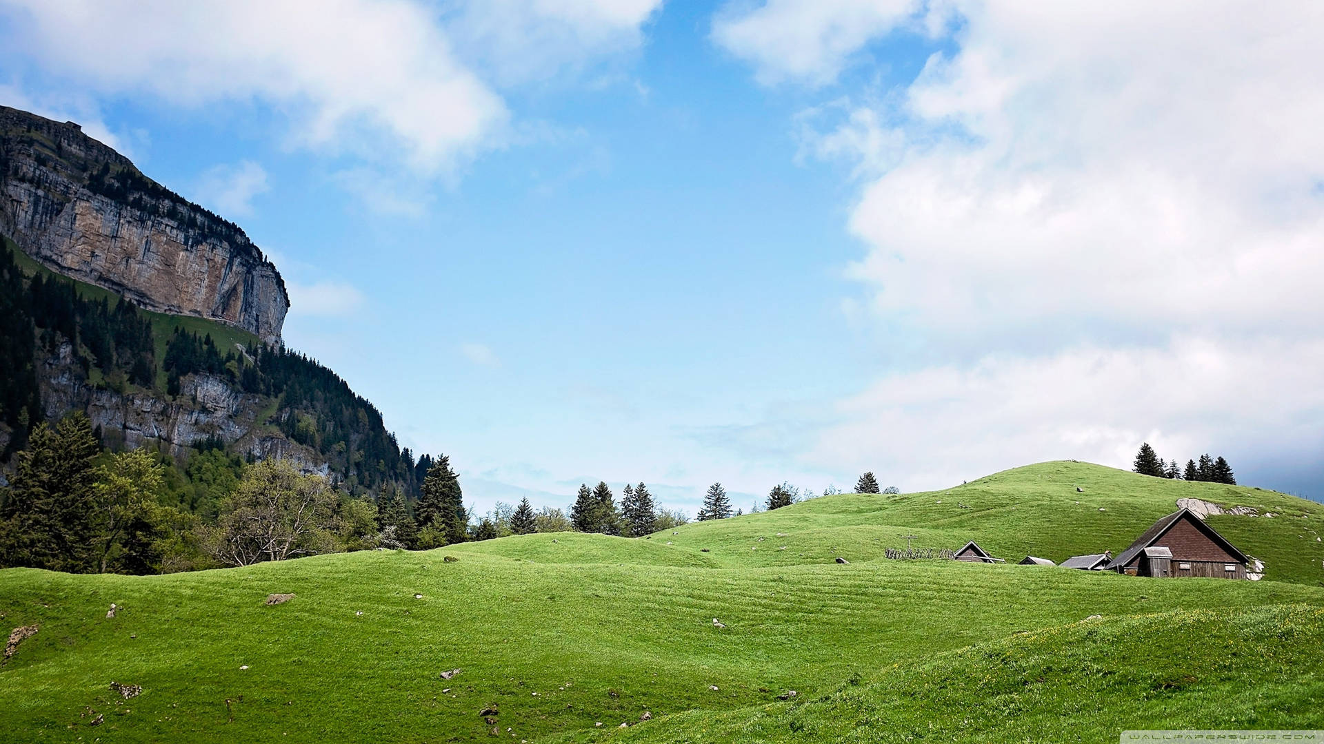 Beautiful Landscape House On Green Hills Background