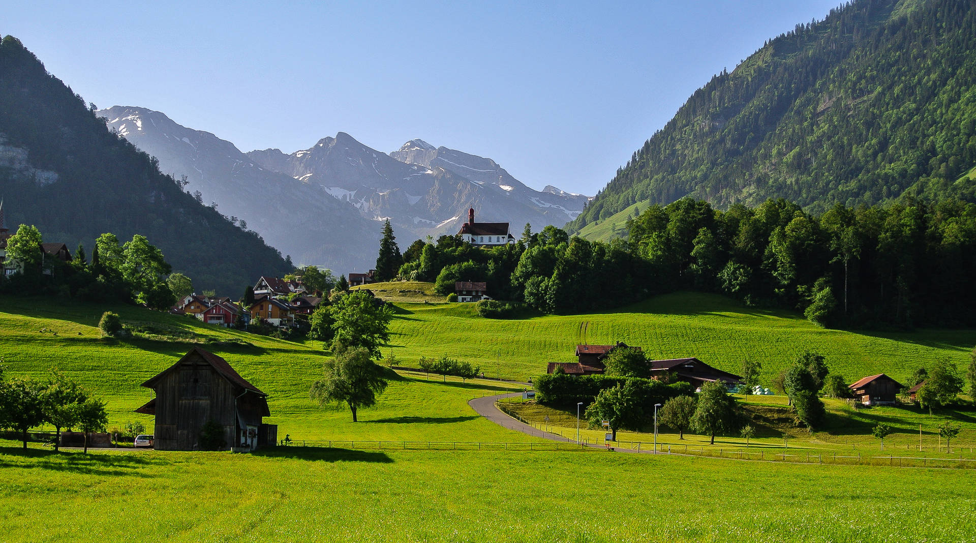 Beautiful Landscape Houses On Grassland Background