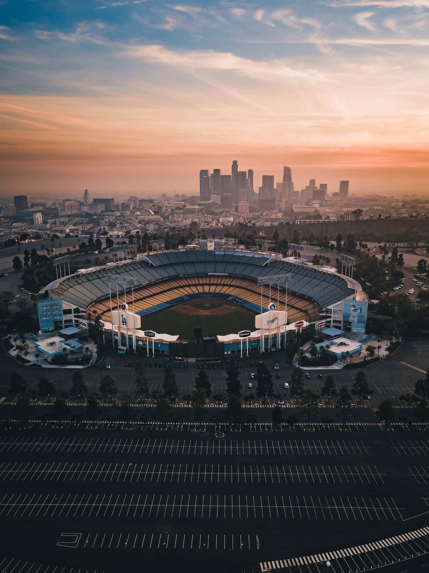 Beautiful Los Angeles Skyline With Dodger Stadium In The Foreground
