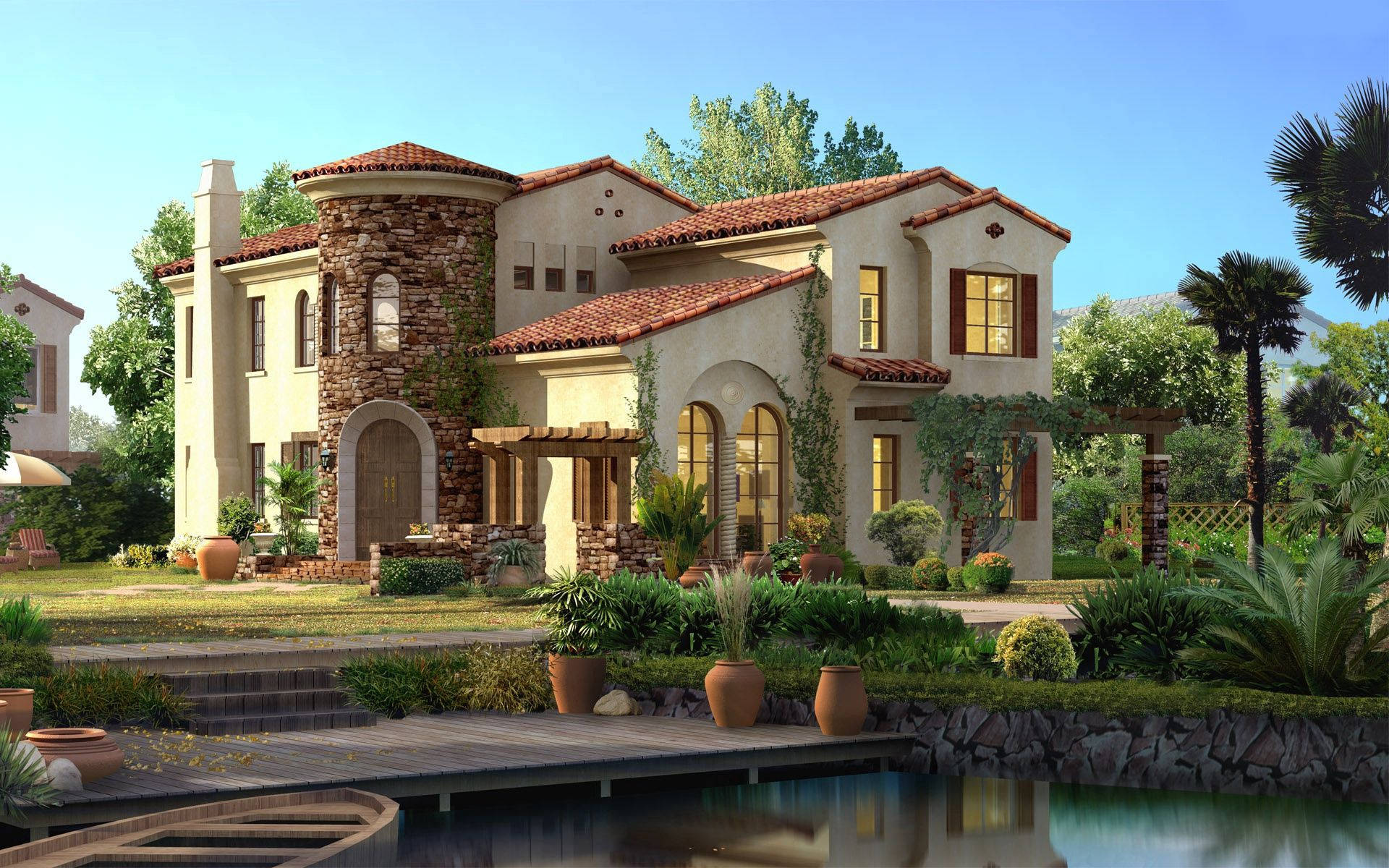 Beautiful Luxury Lakeside Stone House Background