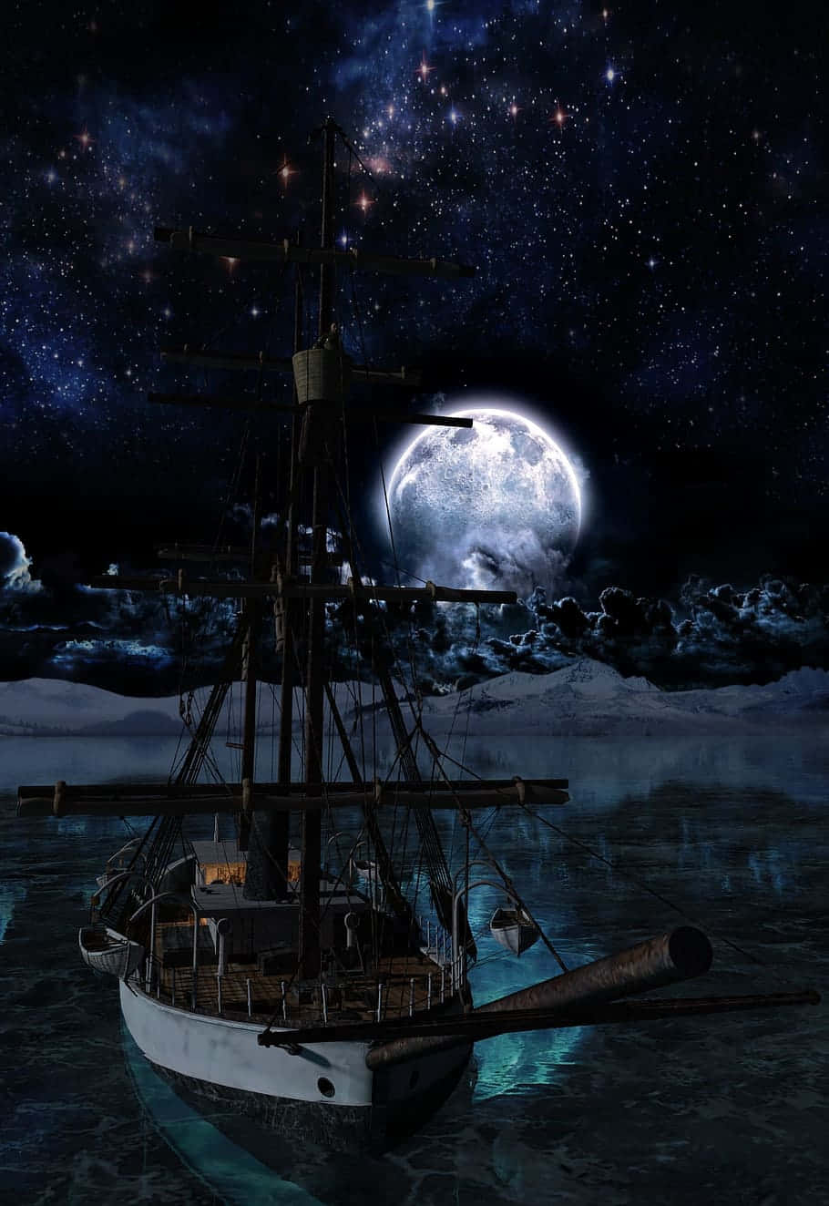 Beautiful Magical Night Sky With Boat Sailing With Giant Moon