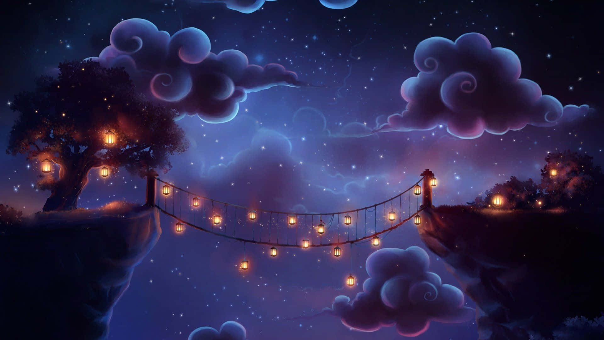 Beautiful Magical Night Sky With Many Lanterns On Bridge Background