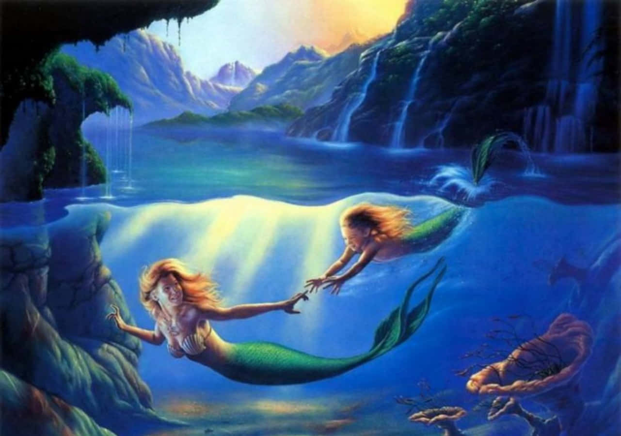 Beautiful Mermaid Mom And Daughter Background