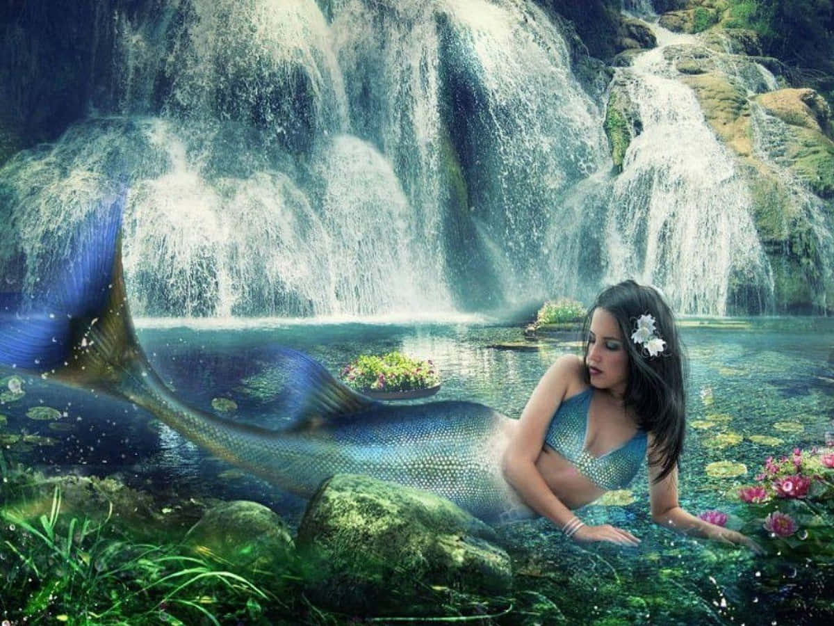 Beautiful Mermaid On The Falls Background