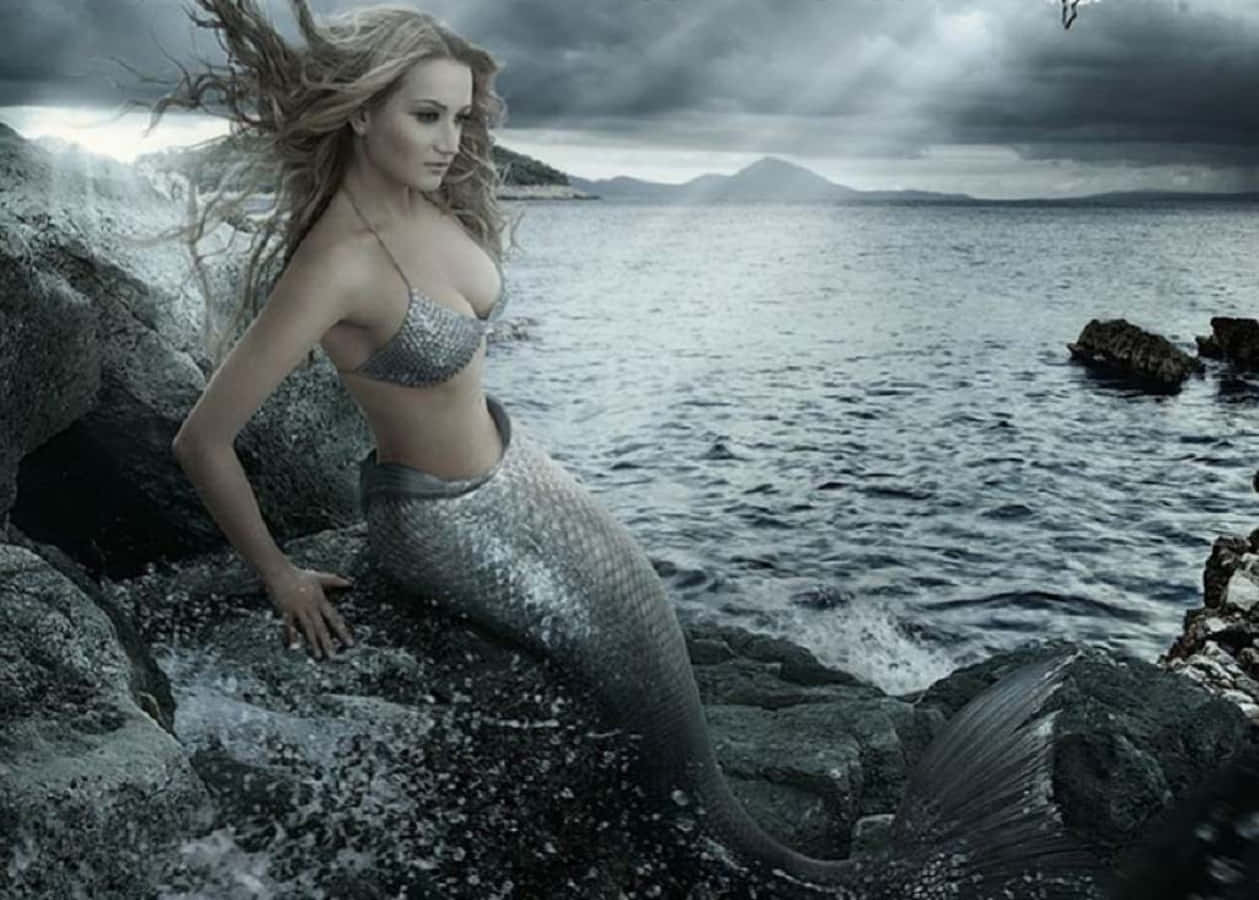 Beautiful Mermaid With Silver Tail And Bra Background