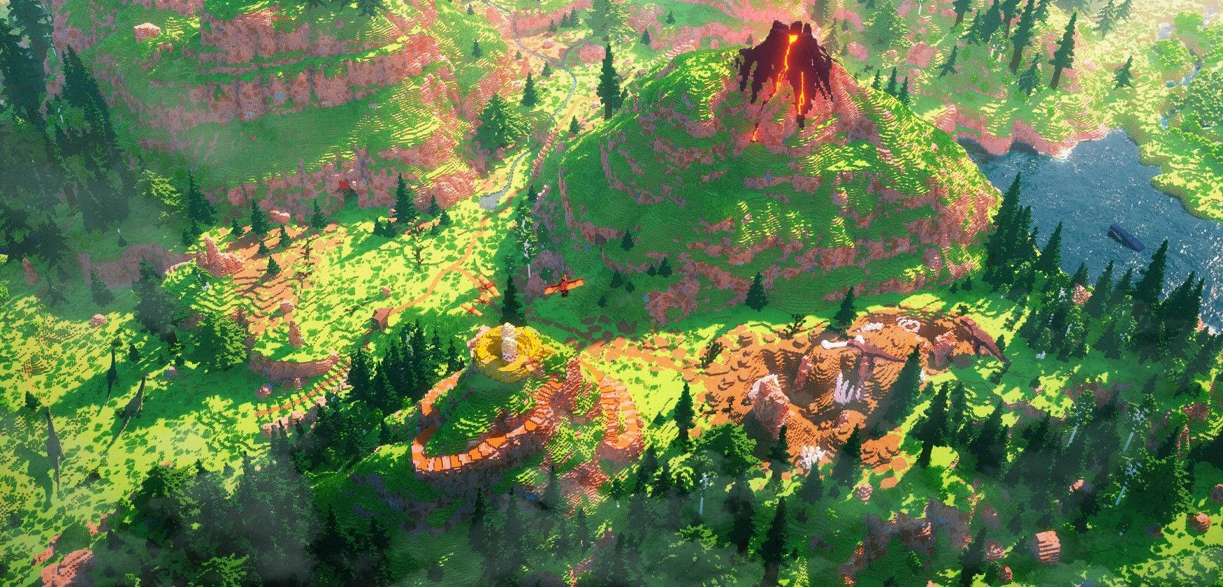 Beautiful Minecraft Volcano Aerial View Background