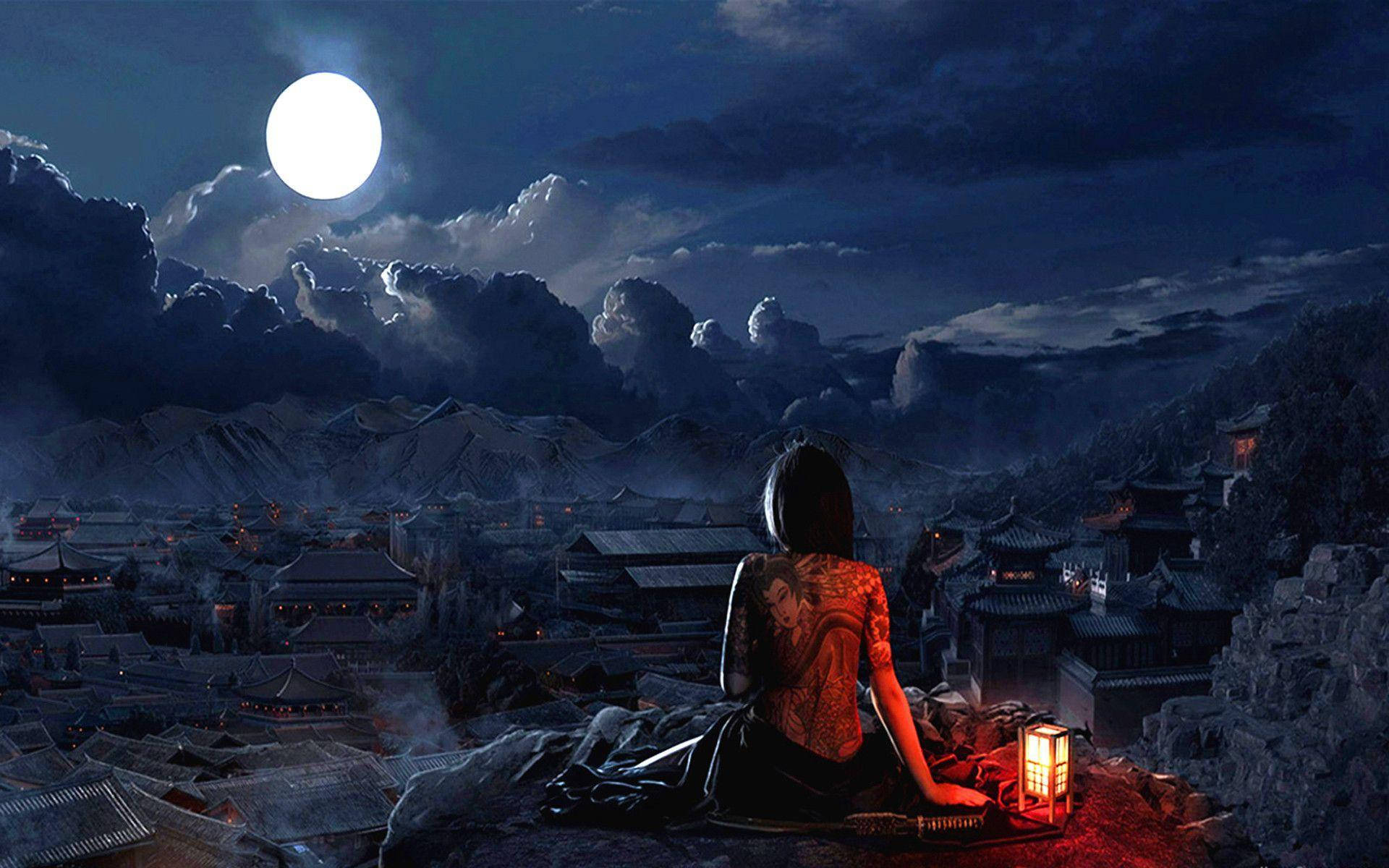 Beautiful Moon And A Tattooed Lady Background