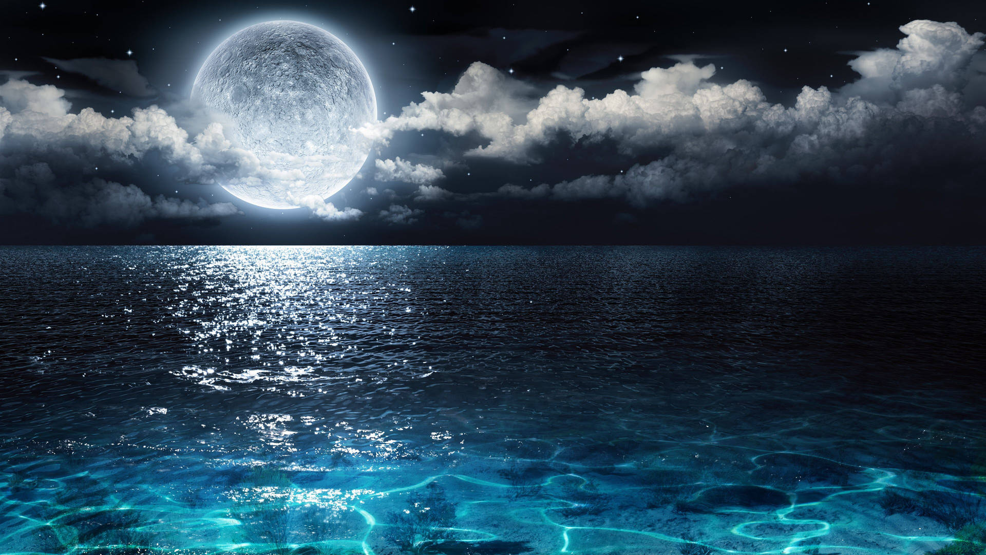 Beautiful Moon Over The Blue Ocean Background