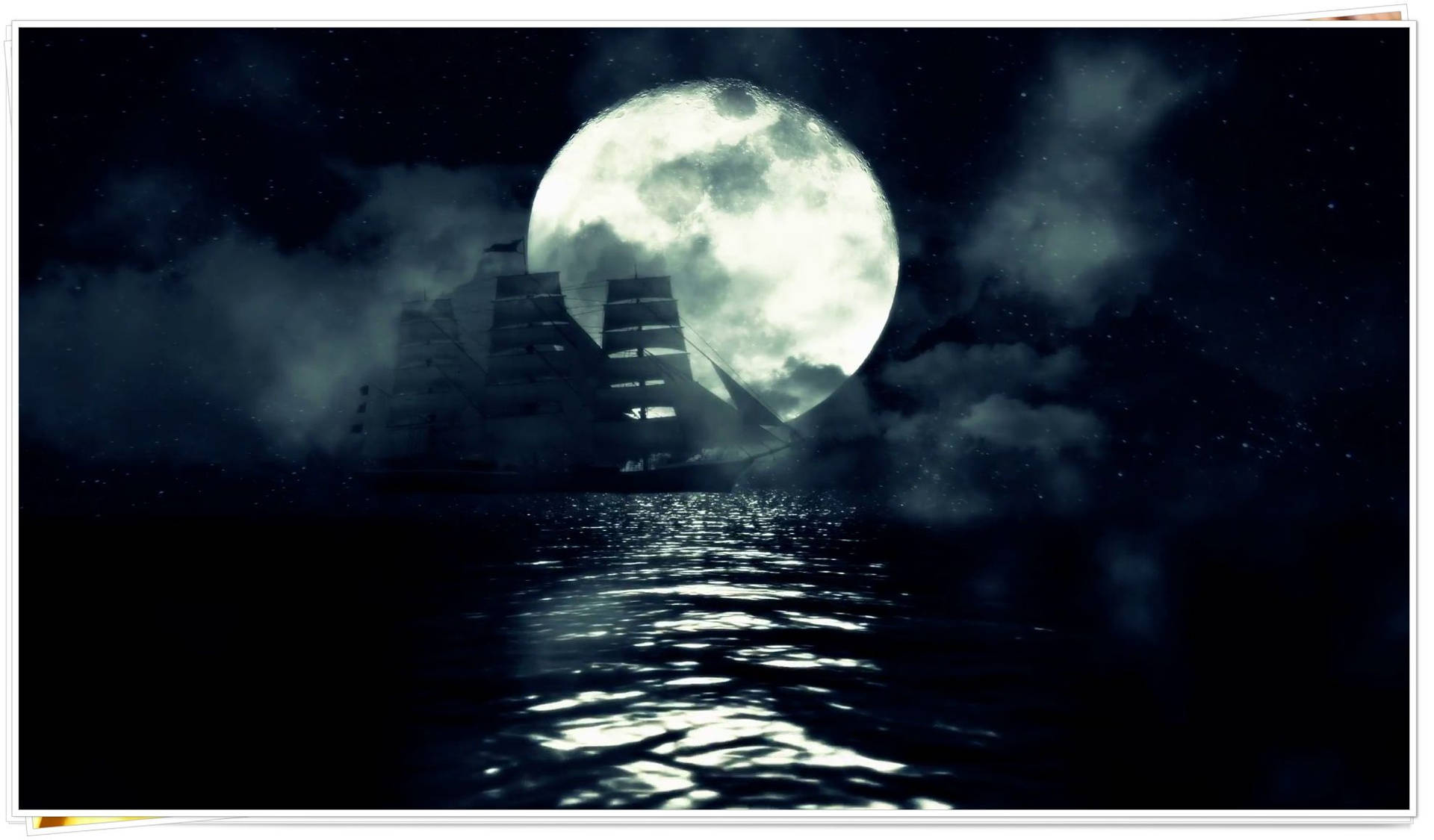 Beautiful Moon With A Ship Silhouette Background