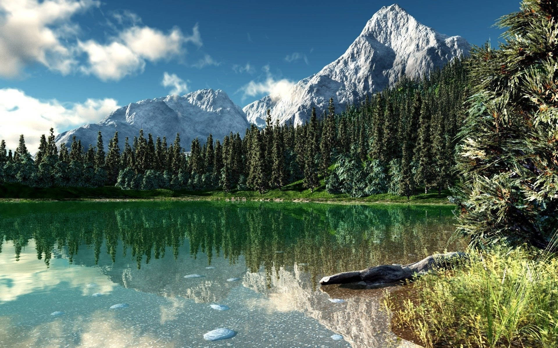 Beautiful Mountain Lake Reflection Trees View Background