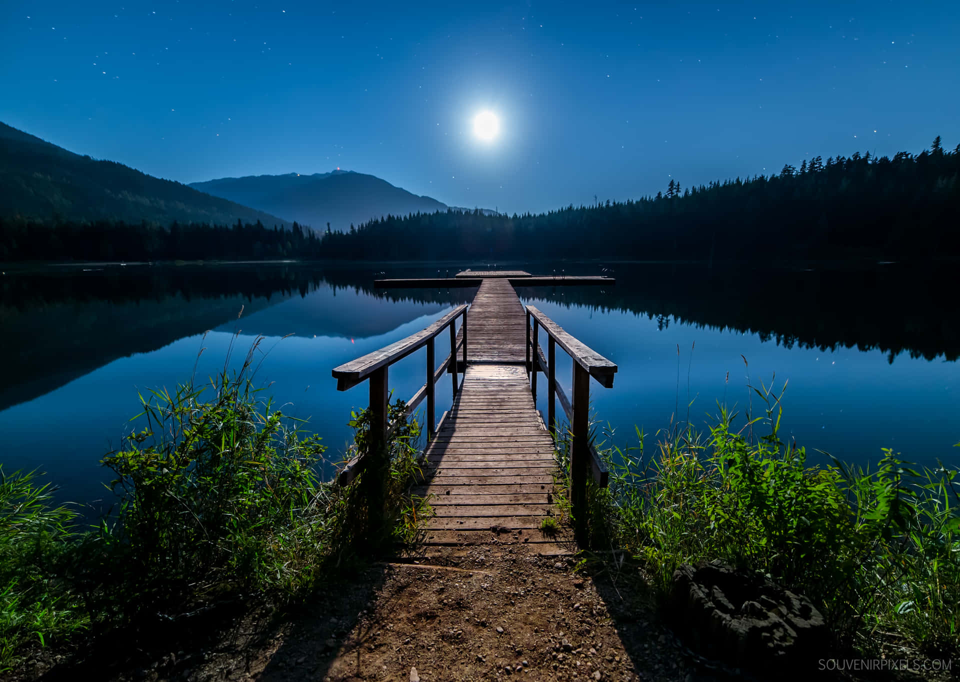 Beautiful Mountain Lake Under Moonlight Background