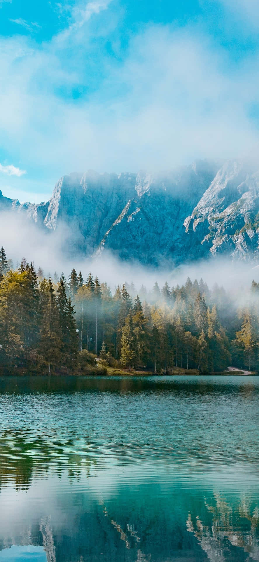 Beautiful Mountain Lake With Fog Iphone Background