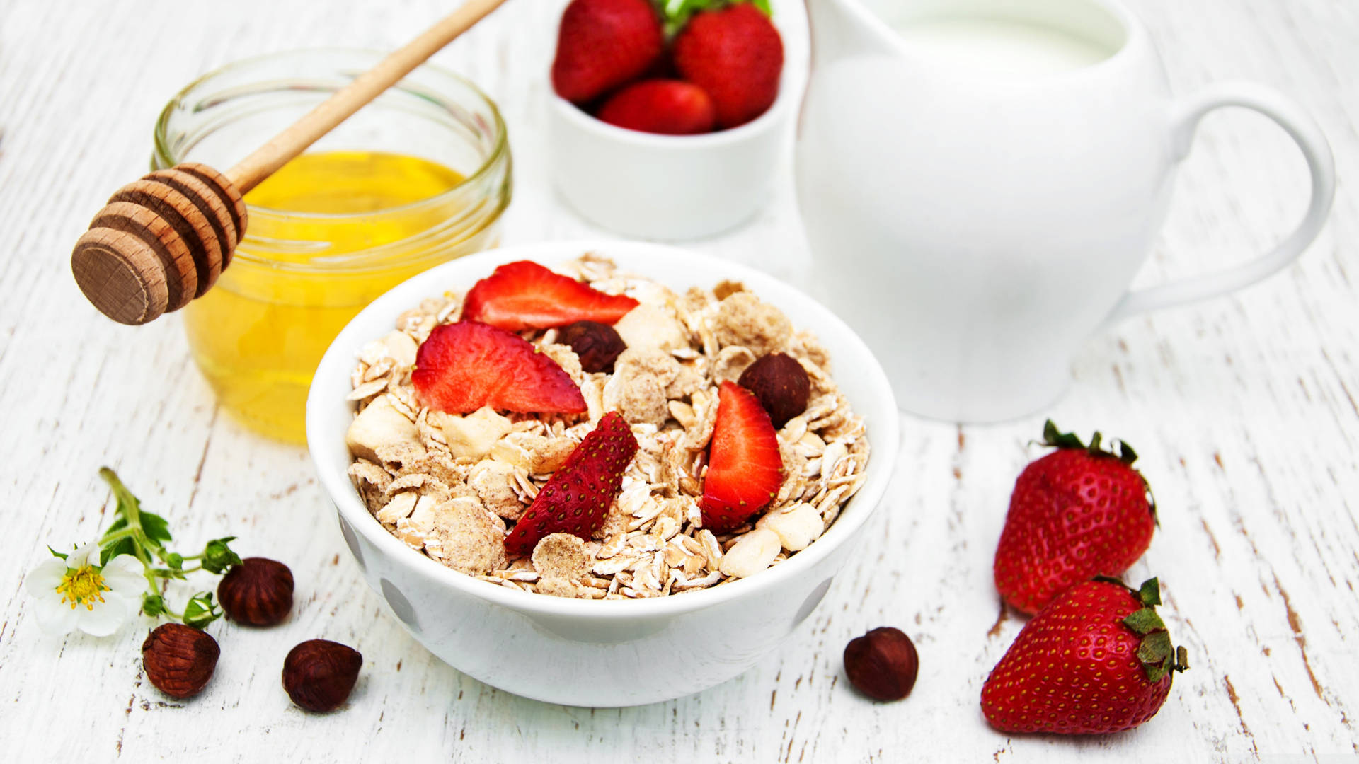 Beautiful Oatmeal Bowl With Honey, Milk, And Strawberries Background