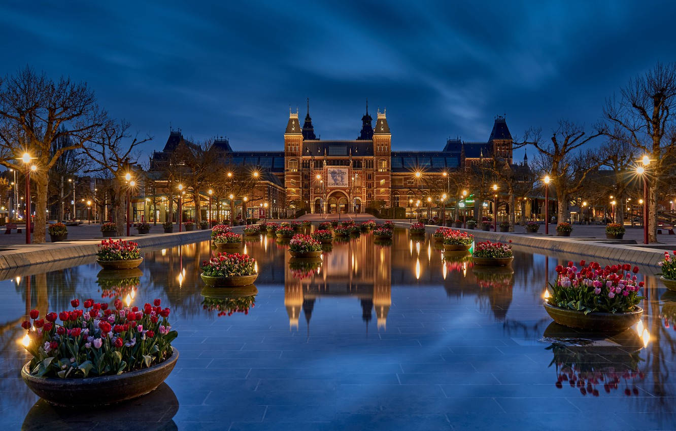 Beautiful Rijksmuseum Reflection At Night Background