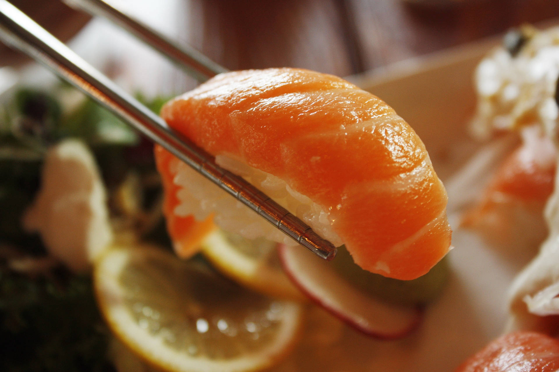 Beautiful Salmon Sushi With White Rice Background