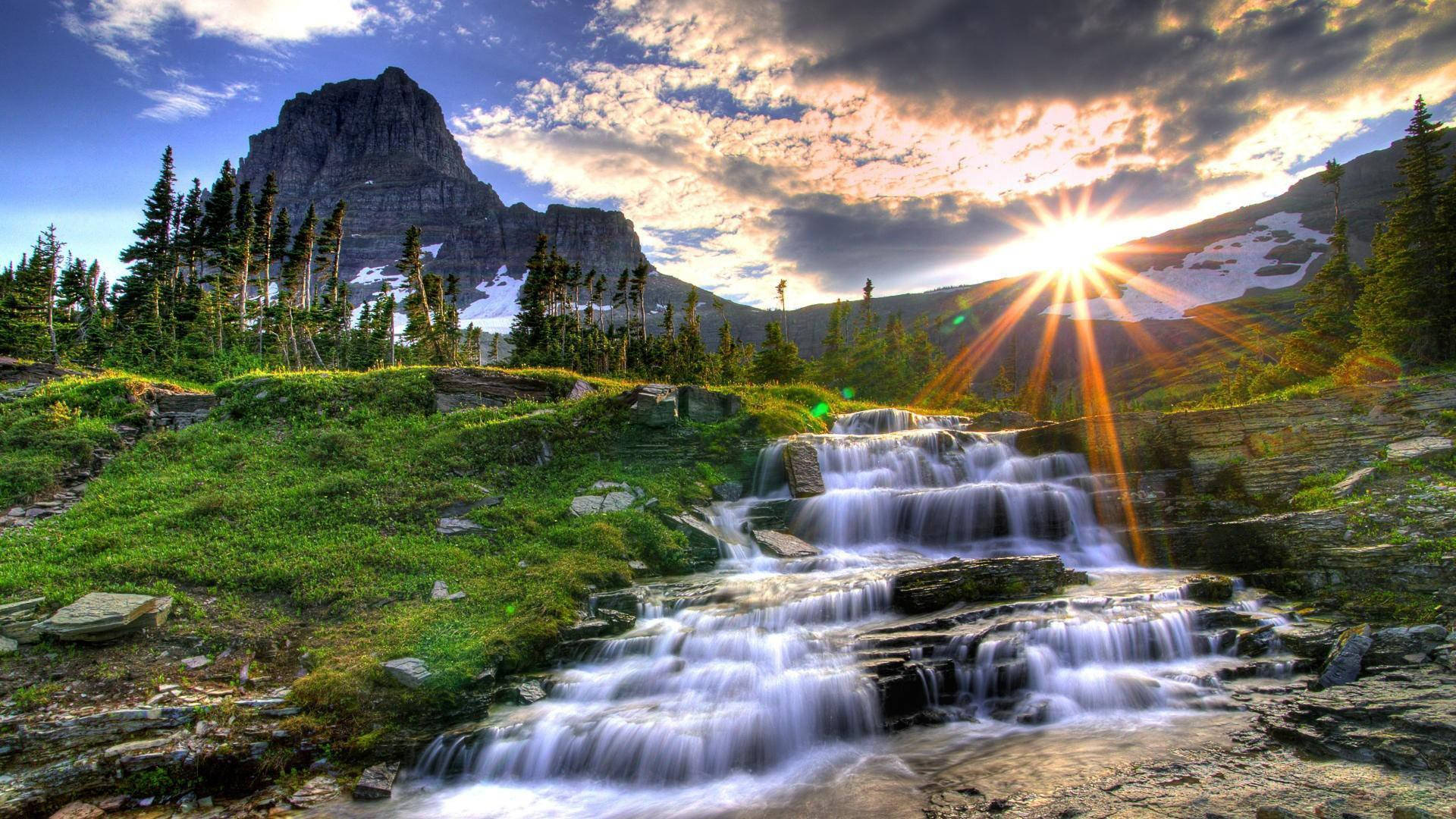 Beautiful Scenery Sunrise Waterfall Background