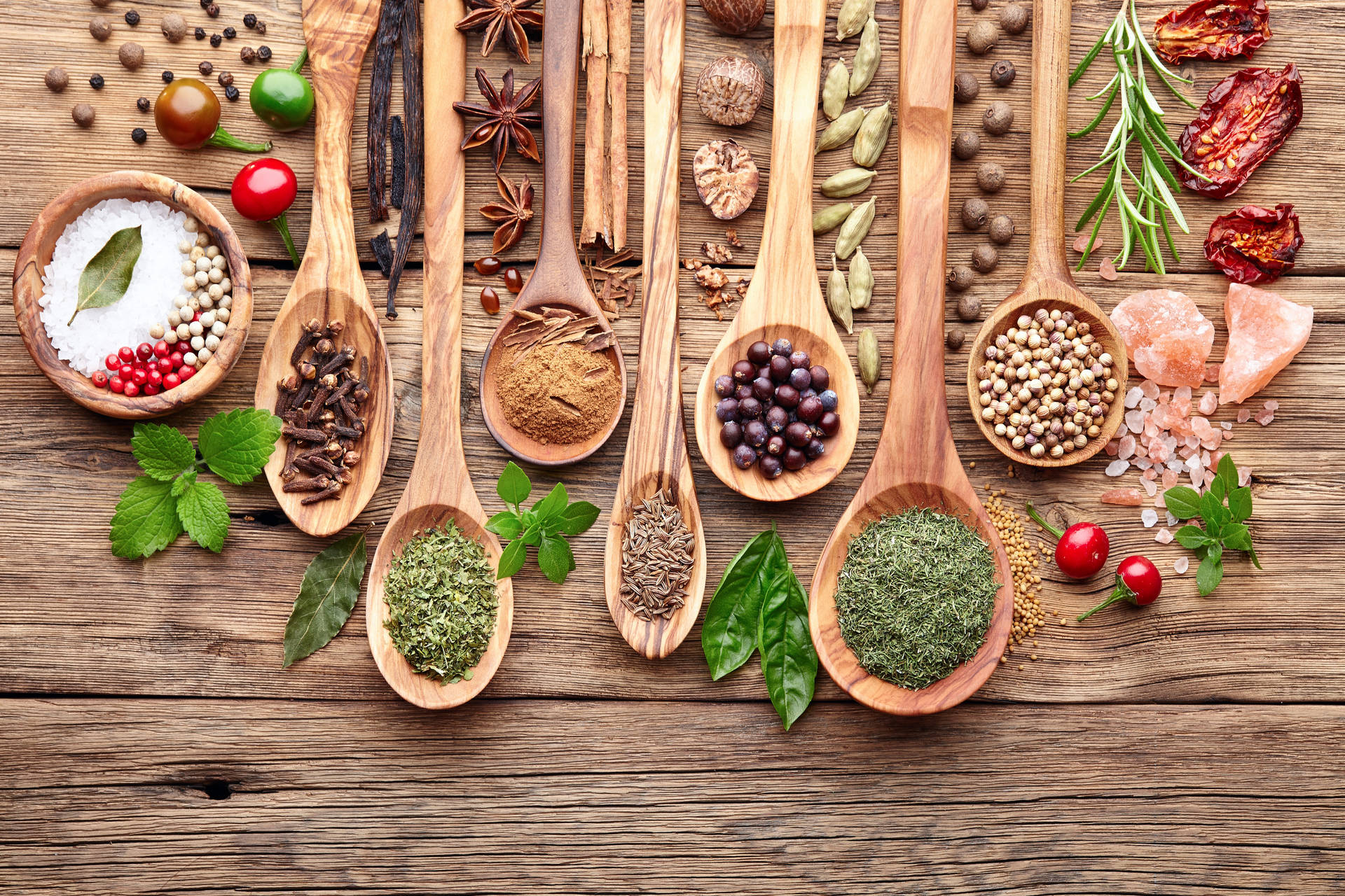 Beautiful Spice And Herbs Flat Lay Background