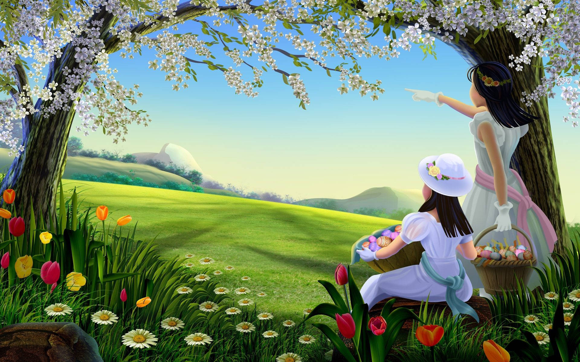 Beautiful Spring Girls Digital Art Background