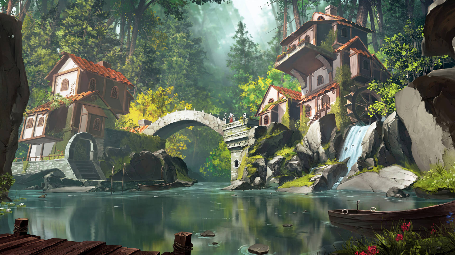 Beautiful Stone Houses And River Bridge Background