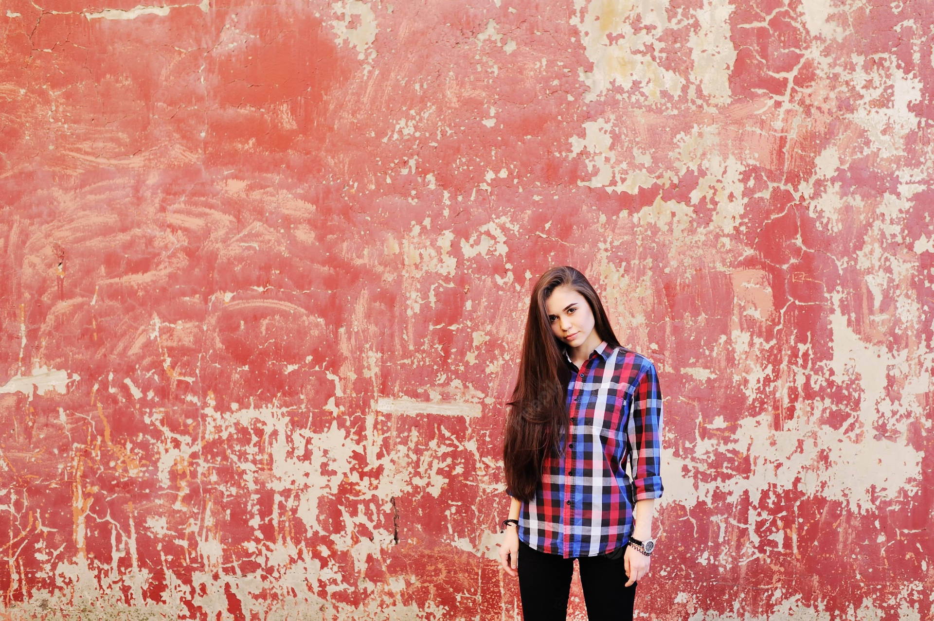 Beautiful Teenage Girl On Red And White Background