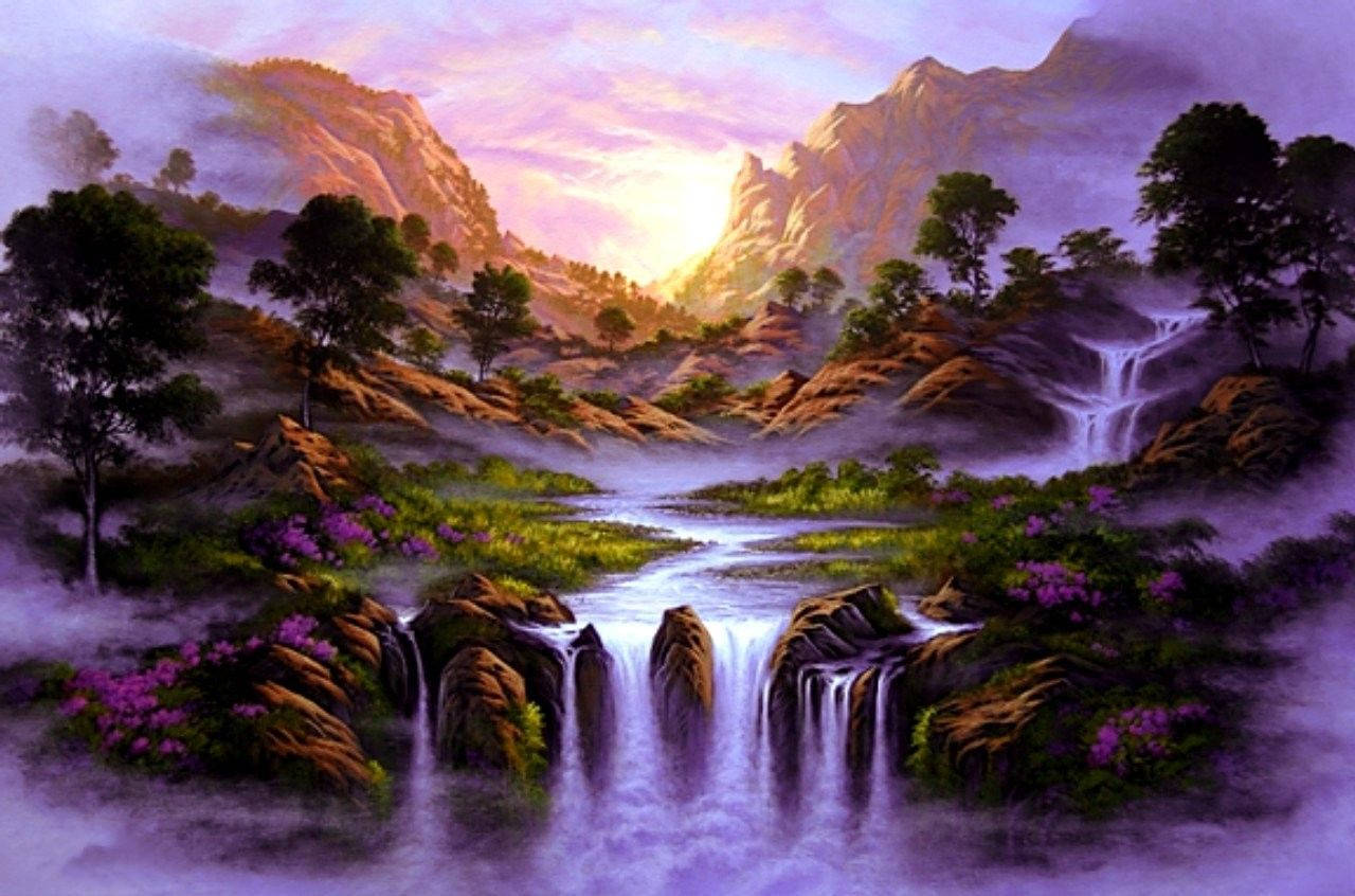 Beautiful Waterfall At Sunrise