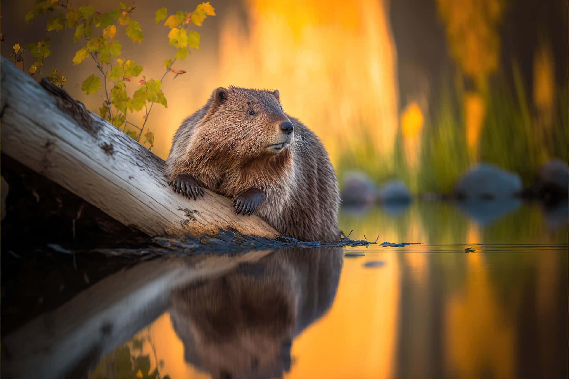 Beaver At Sunsetby Water.jpg Background