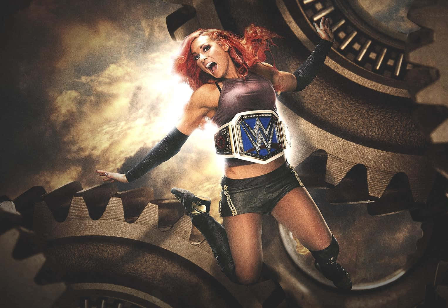 Becky Lynch With Giant Gears Background