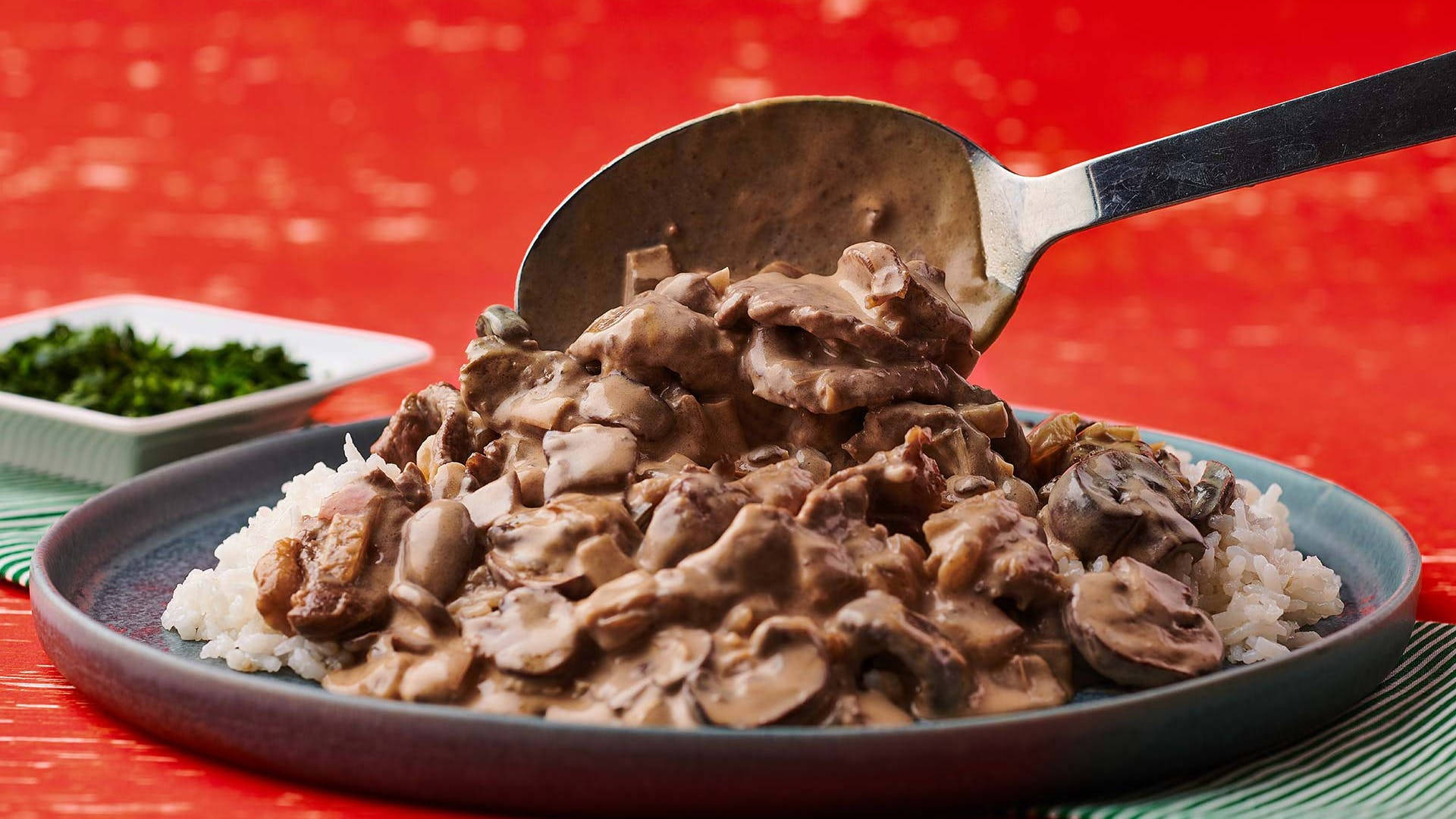 Beef Stroganoff Served On A Nordic Plate Background