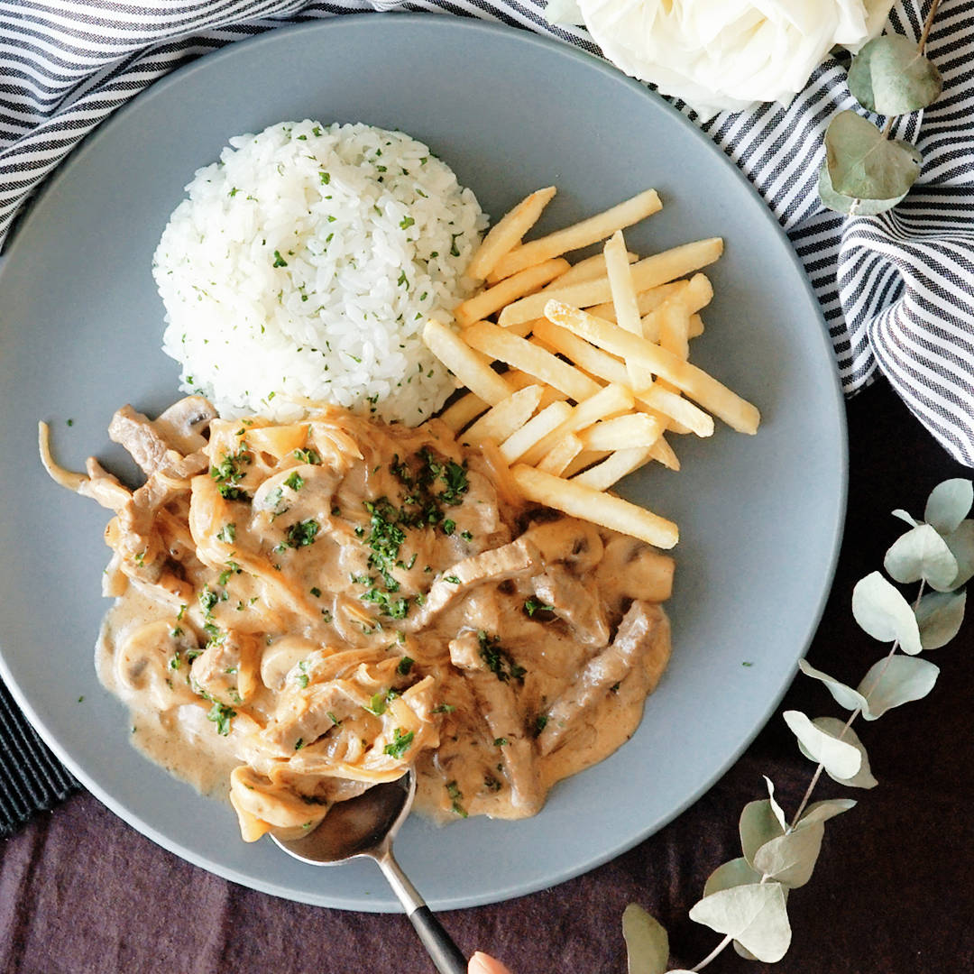 Beef Stroganoff With Fries And Rice Background