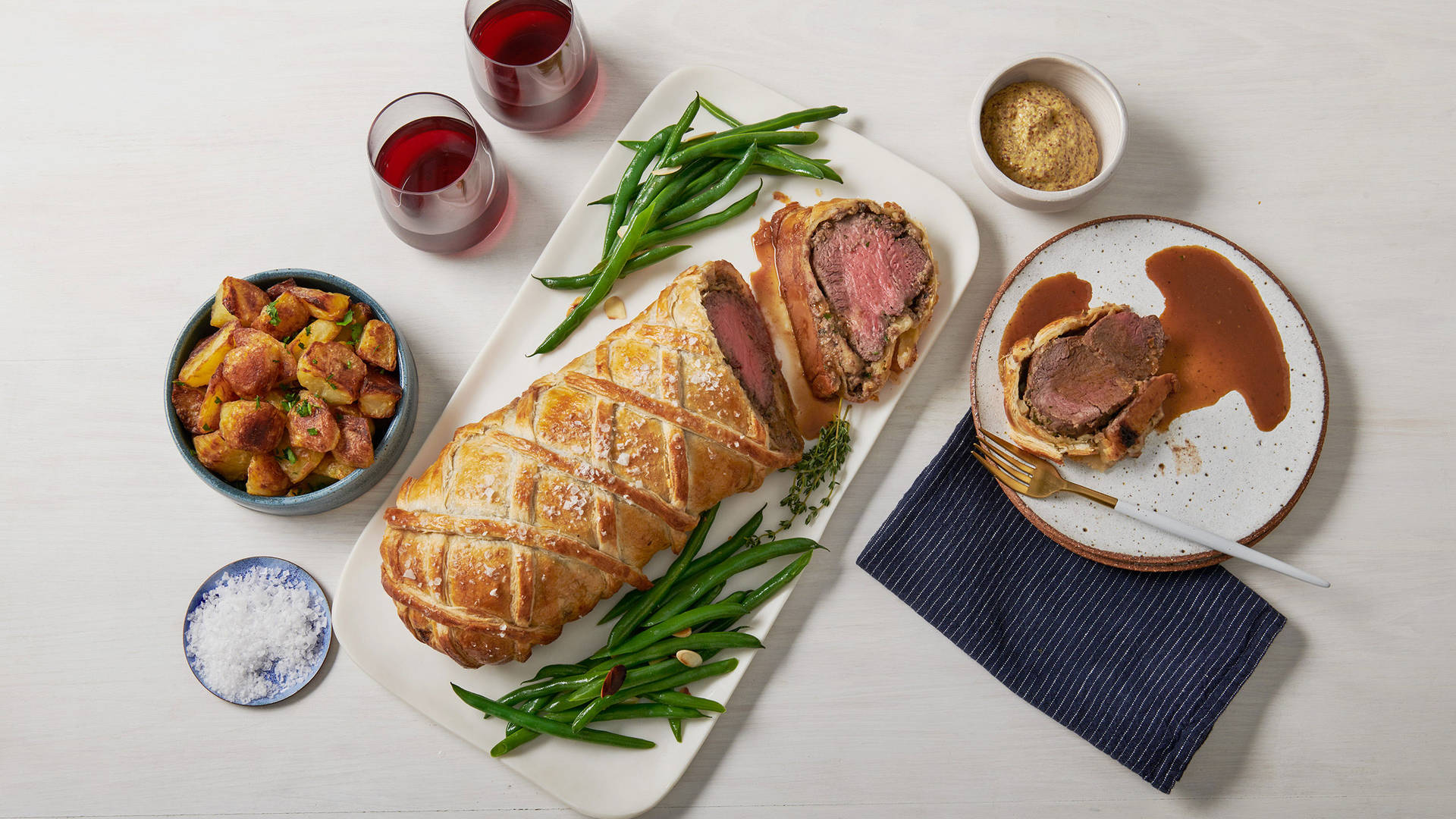 Beef Wellington Potatoes Wine Background