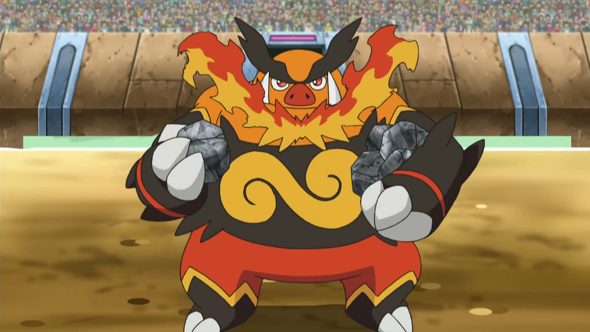 Beefy Emboar Holding Rocks Background