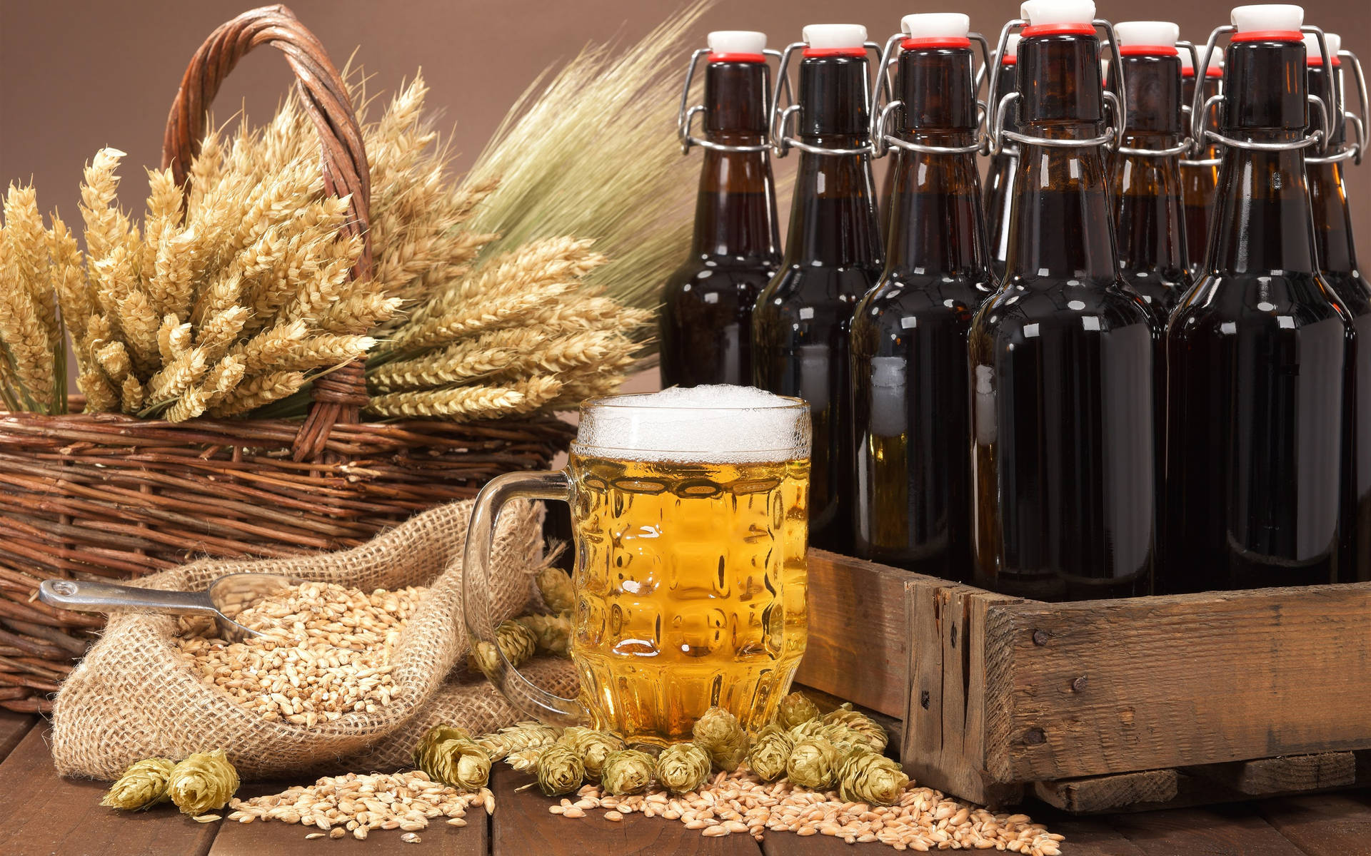 Beer Bottle With Fresh Ingredients Background