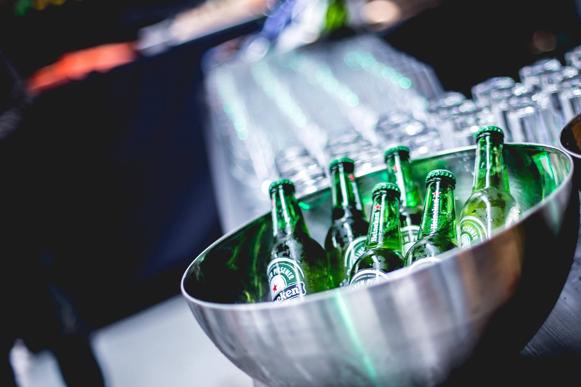 Beer Bottles Heineken In Stainless Bowl Background