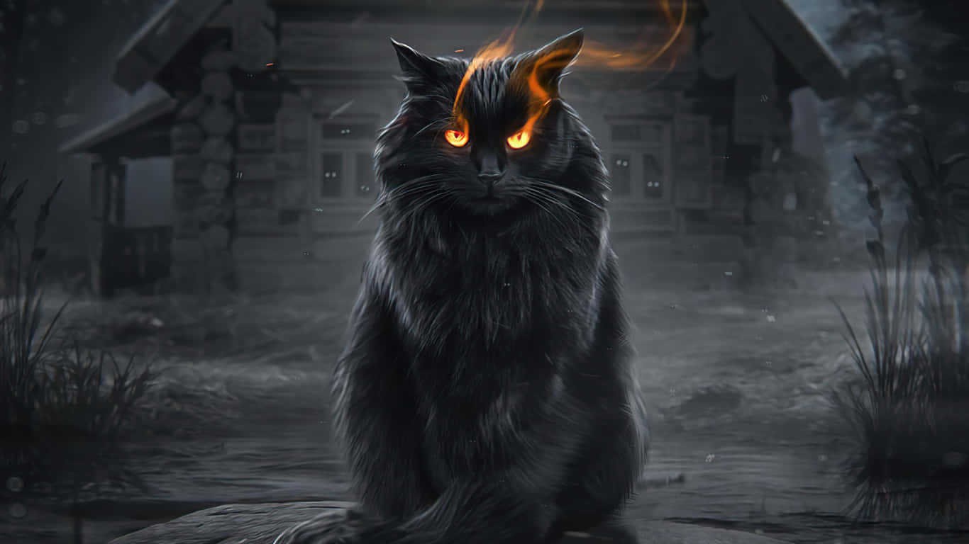 Beguiling Gaze - Fiery Lit Cat Eyes Of A Black Persian Cat Background