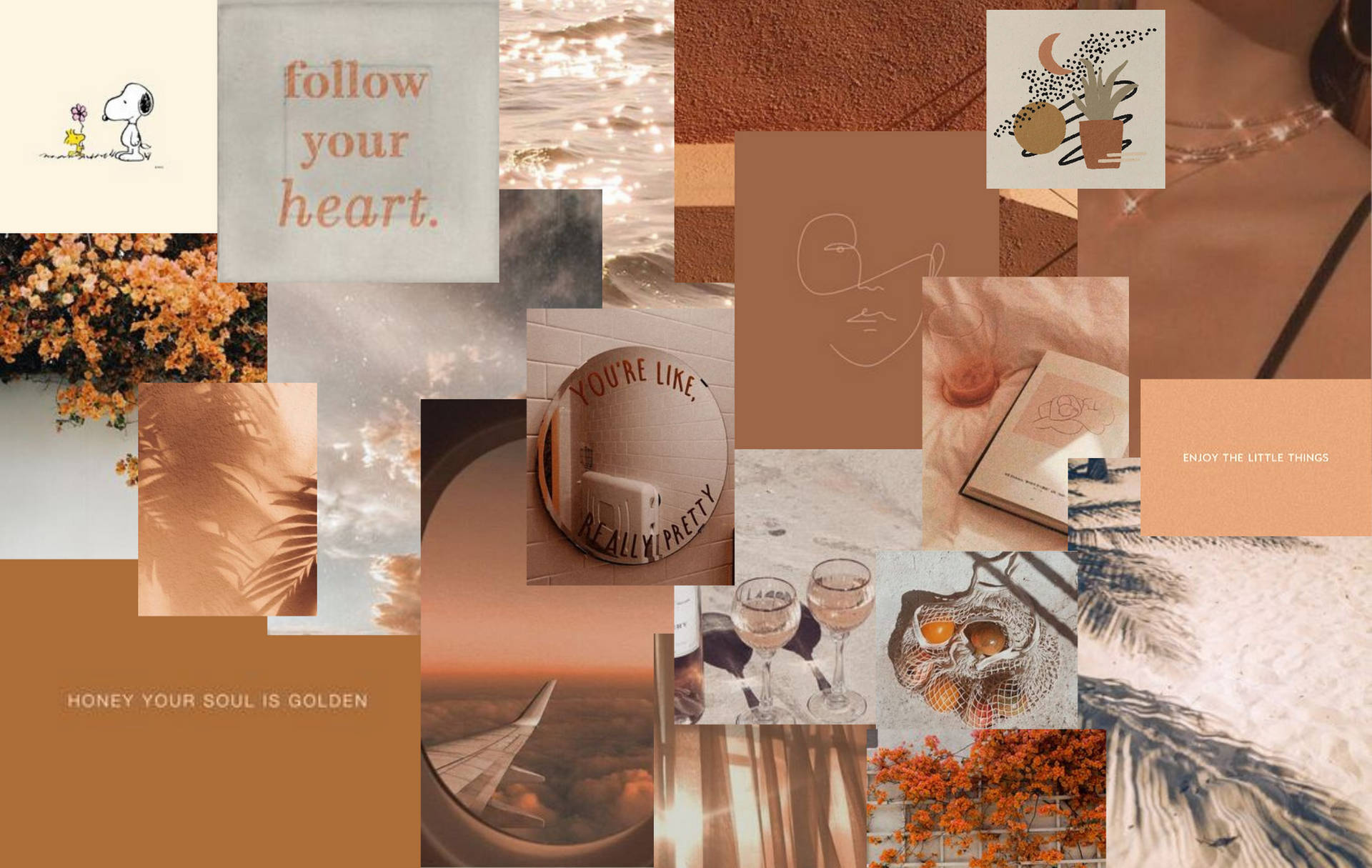 Beige Aesthetic Desktop Collage Showcasing Stunning Sunset View Background