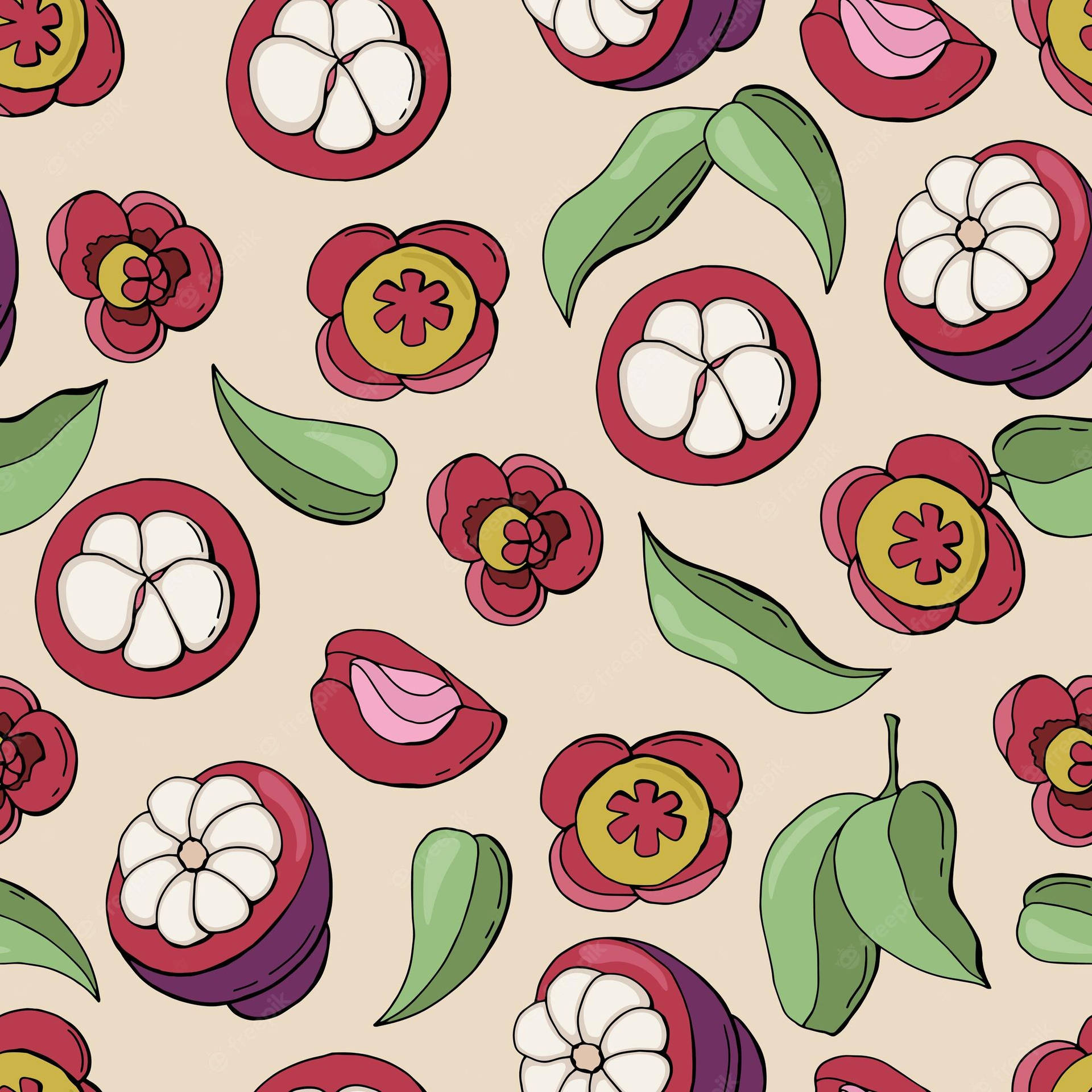 Beige Mangosteen Seamless Pattern Collage