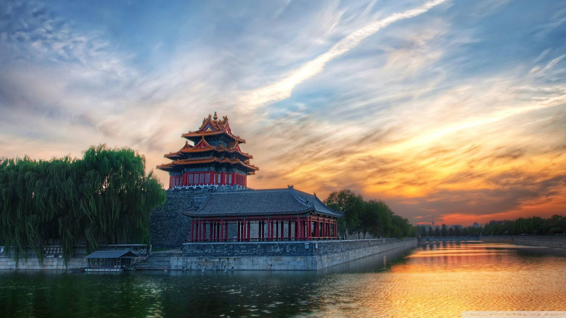 Beijing Forbidden City In Sunset Background