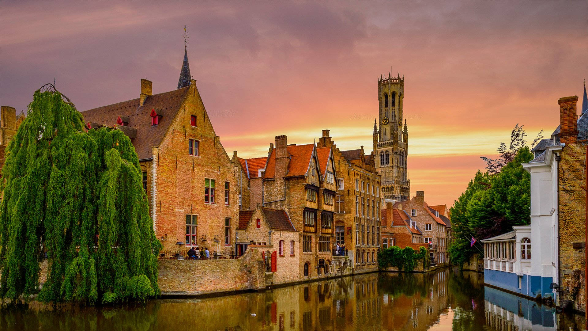 Belgium Canal At Sunset Background