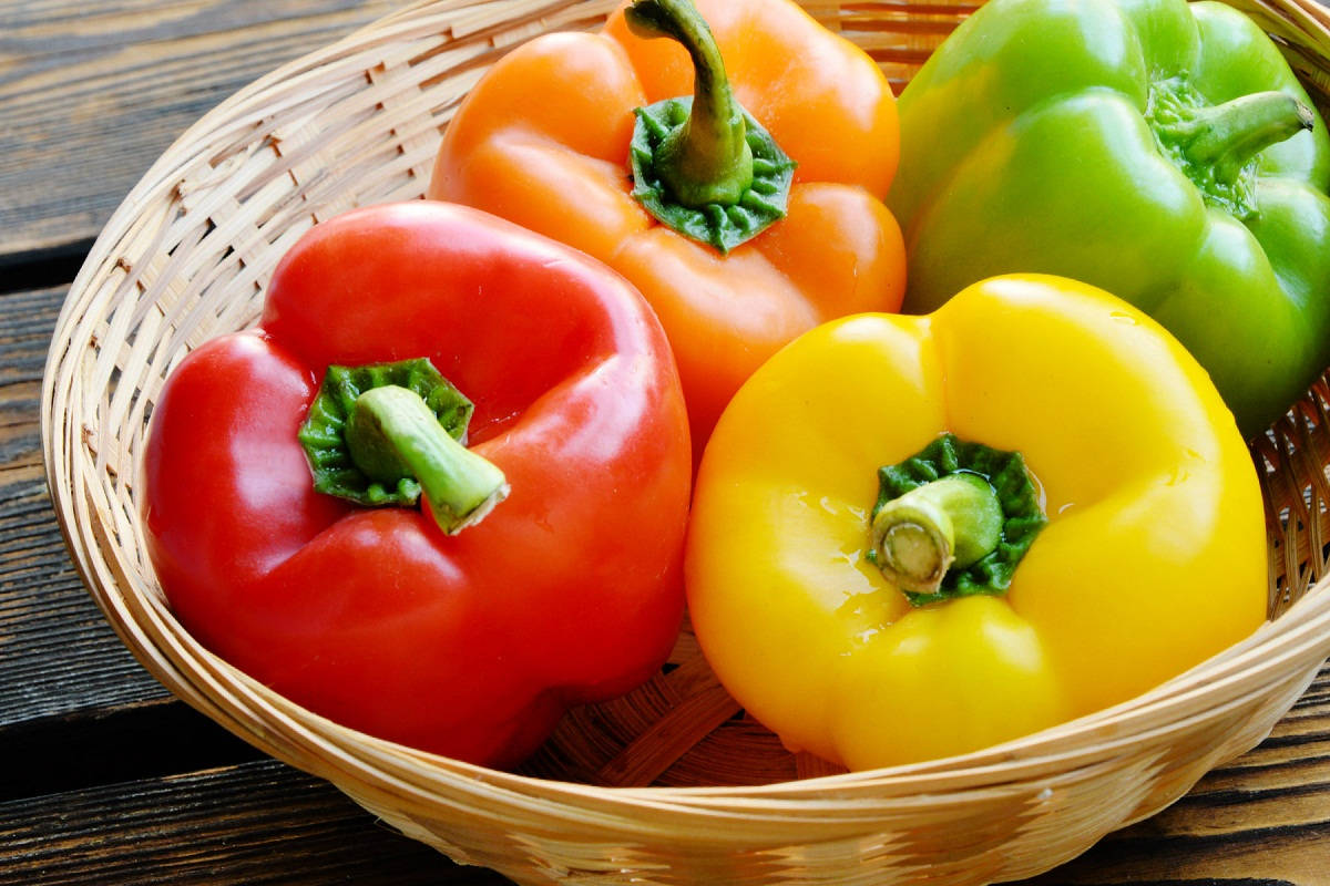 Bell Pepper Fruits On Rattan Basket