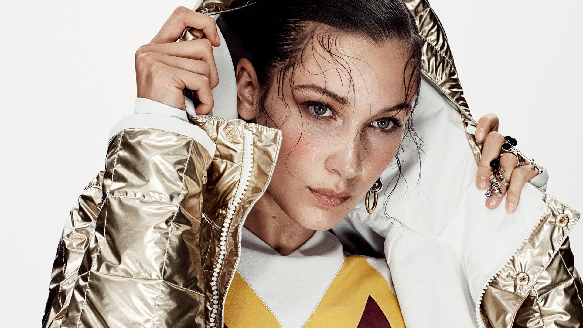 Bella Hadid In Shiny Jacket Background