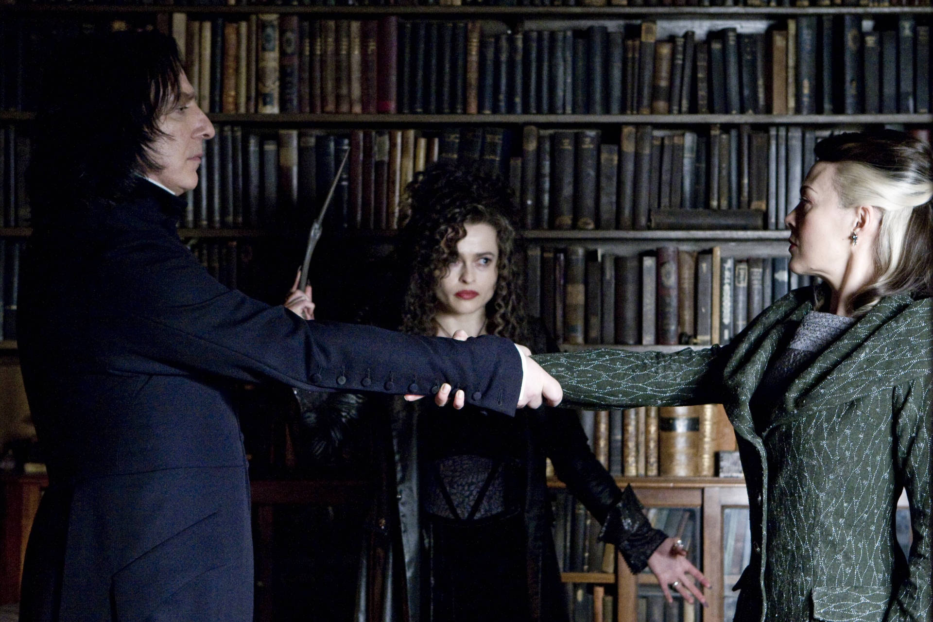 Bellatrix Lestrange Posing Against A Bookshelf In The Hogwarts Library Background