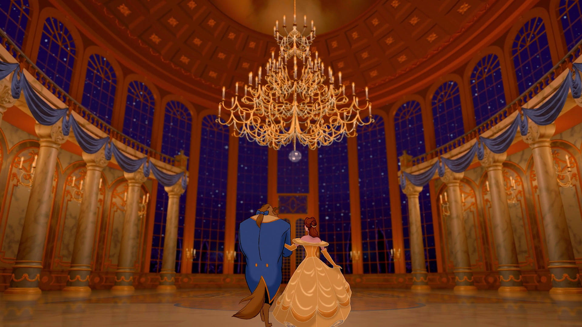 Belle And Beast In Ballroom Background