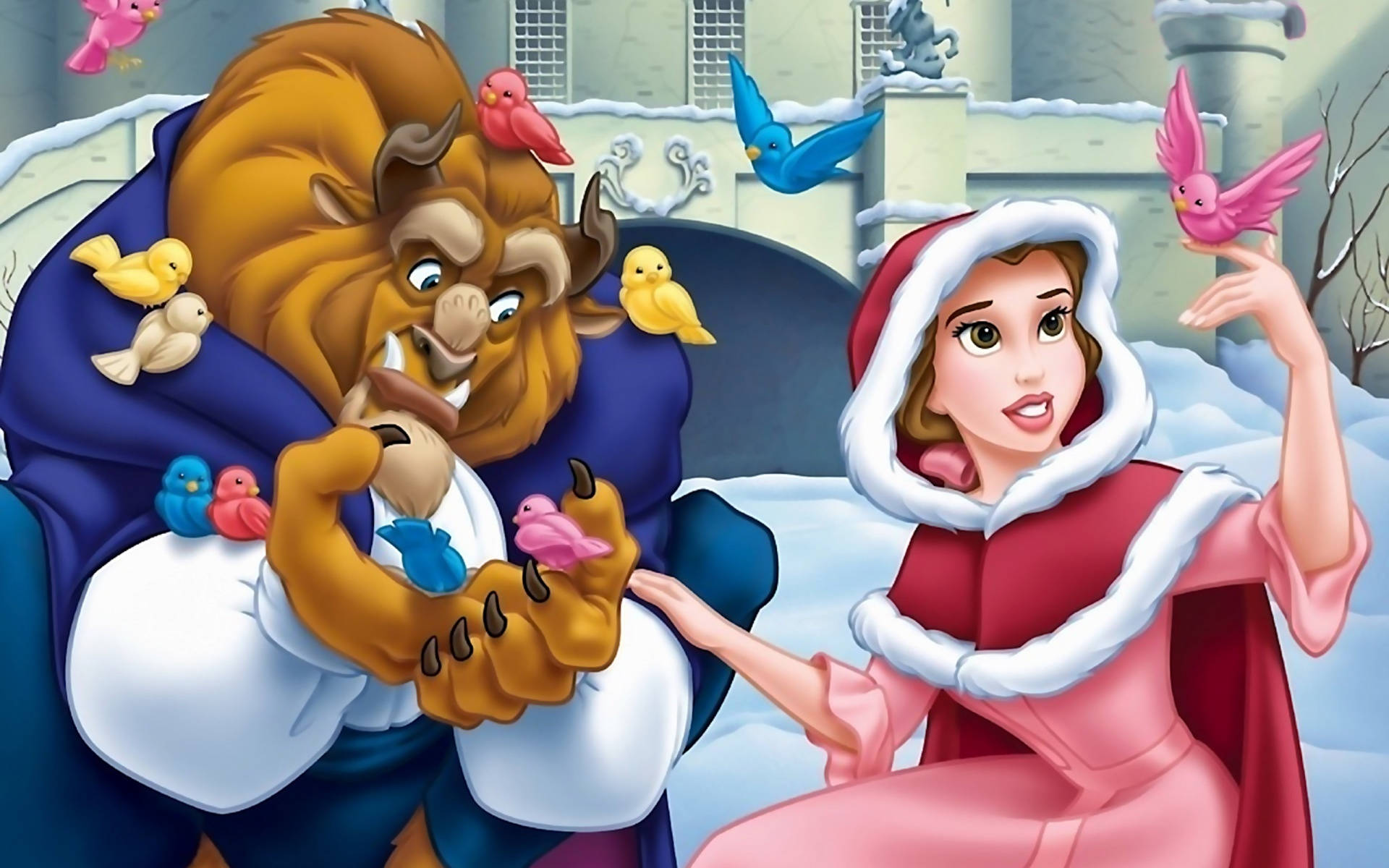 Belle And Beast In Winter Background