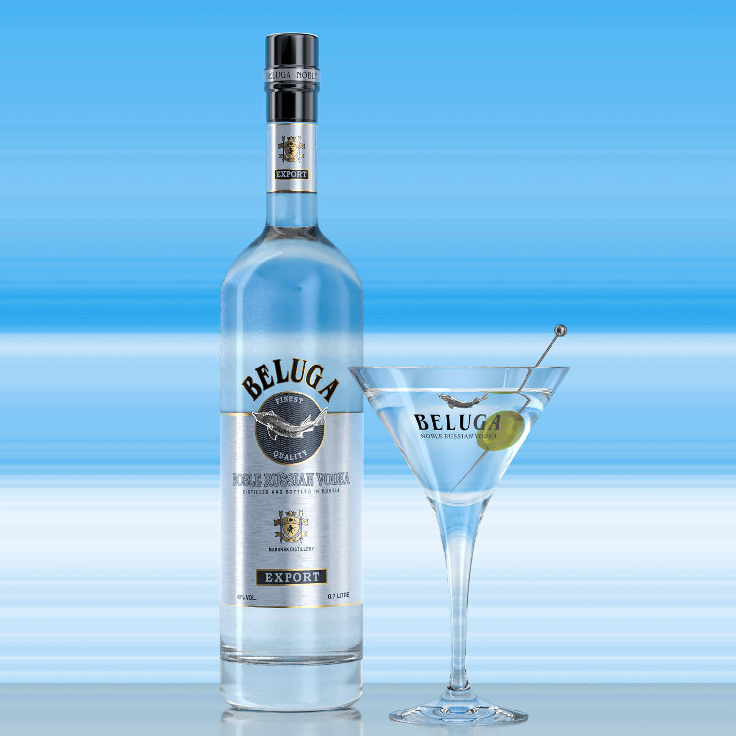 Beluga Vodka Bottle With Beach Martini Background