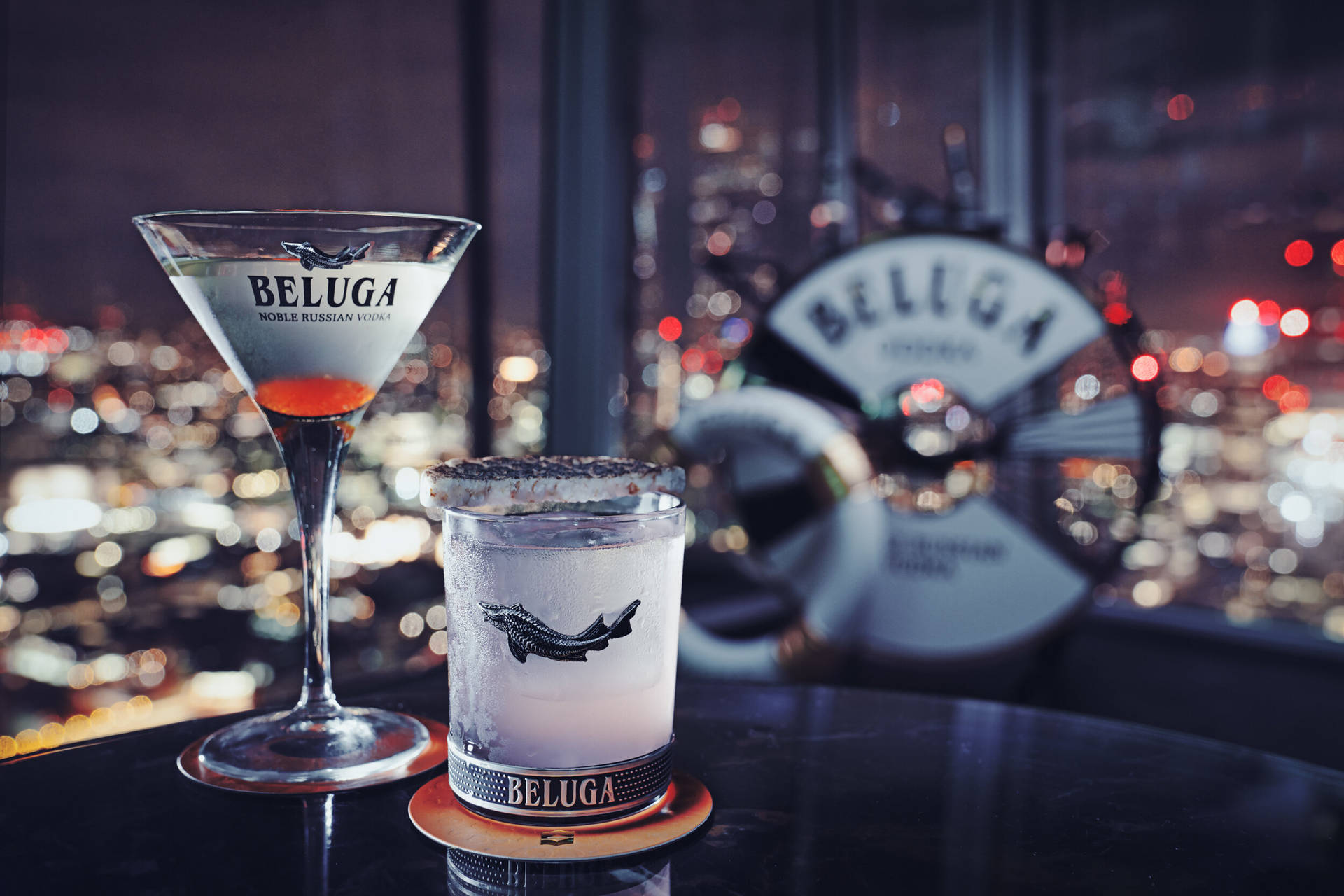 Beluga Vodka Drinks With City View Background