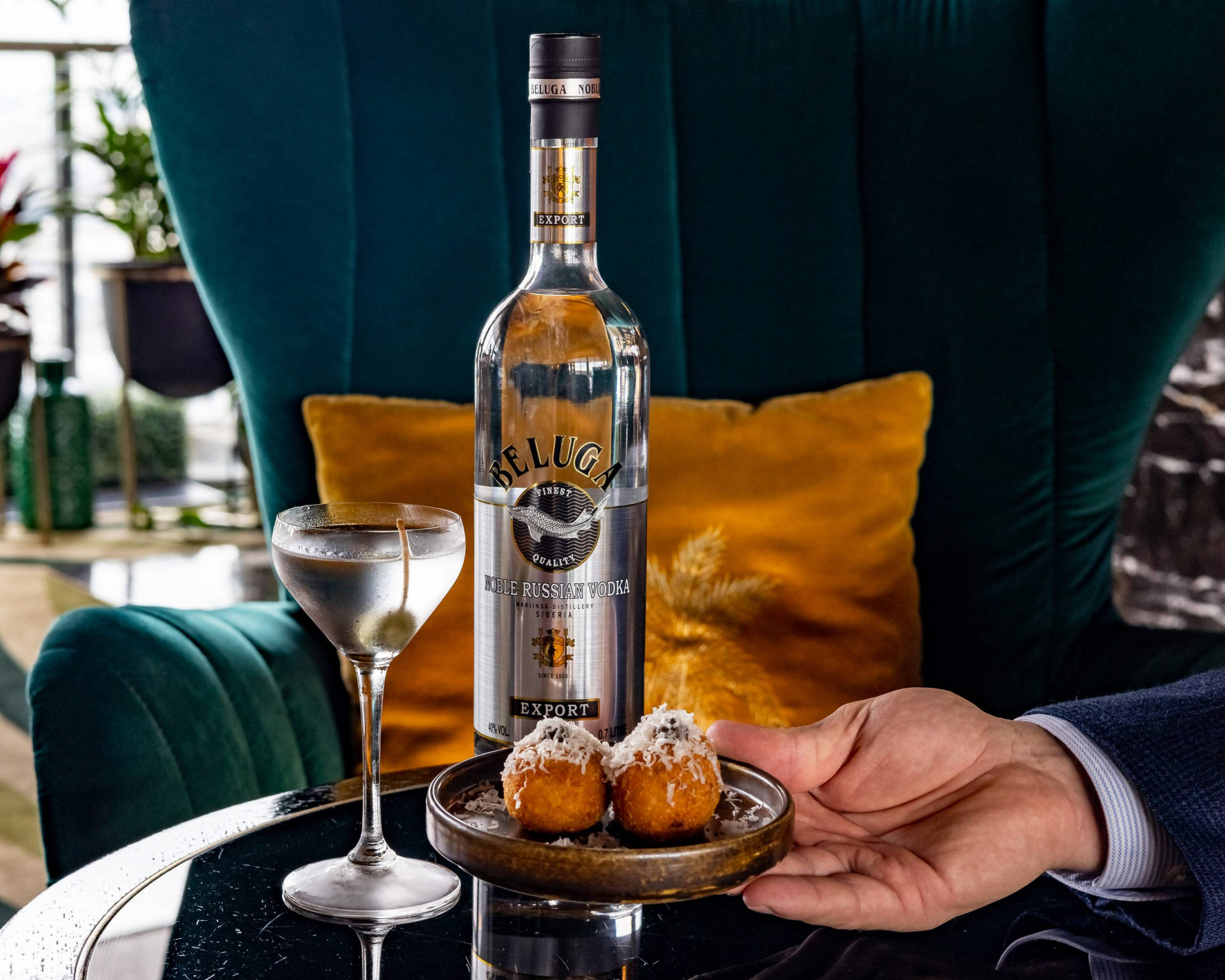 Beluga Vodka With Arancini Rice Balls Background